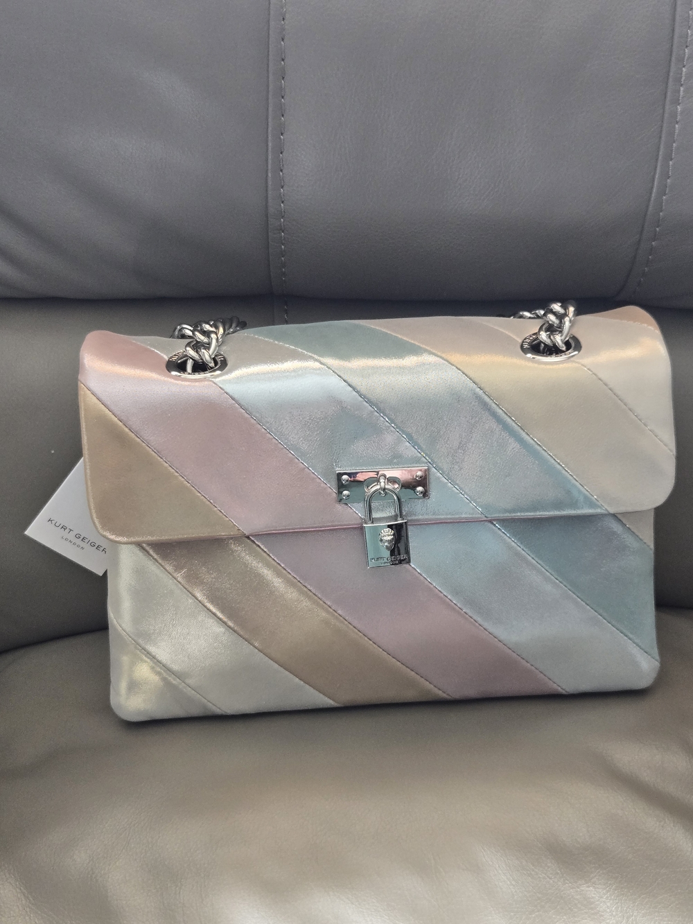 Kurt Geiger Brixton Lock Bag Pastel Multicolor Diagonal Stripes NWT